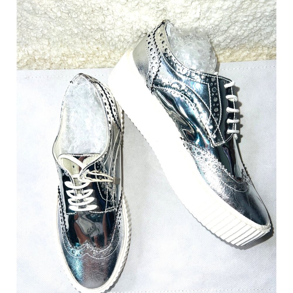 George J. Love Silver and White Platform Brogues For Women Shoe Size 6.5M (37) - Picture 2 of 6